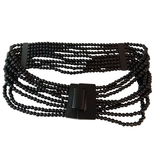 Black Wood Bead Belt Stretch Wood Interlocking Buckle Size Small 26" Bohemian - Picture 1 of 7